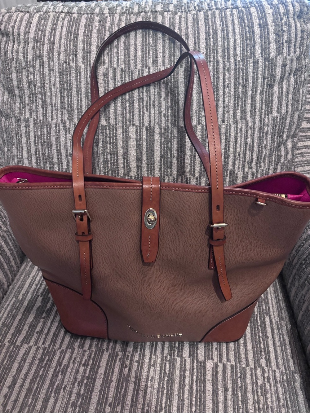 Dooney and Bourke Brown Tote Bag with Pink Interior and Leather Trim